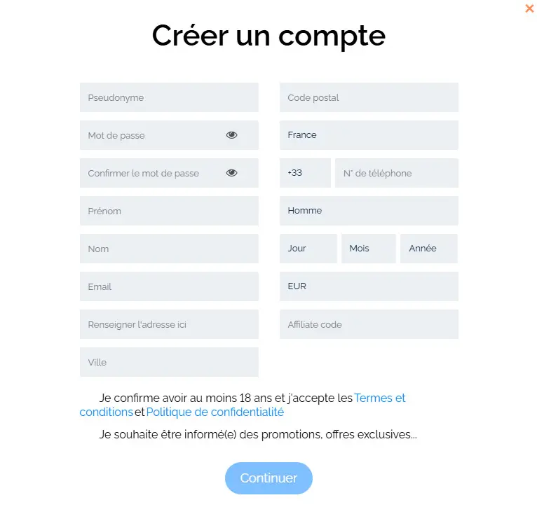 Processus d'inscription WIN MA CHANCE CASINO